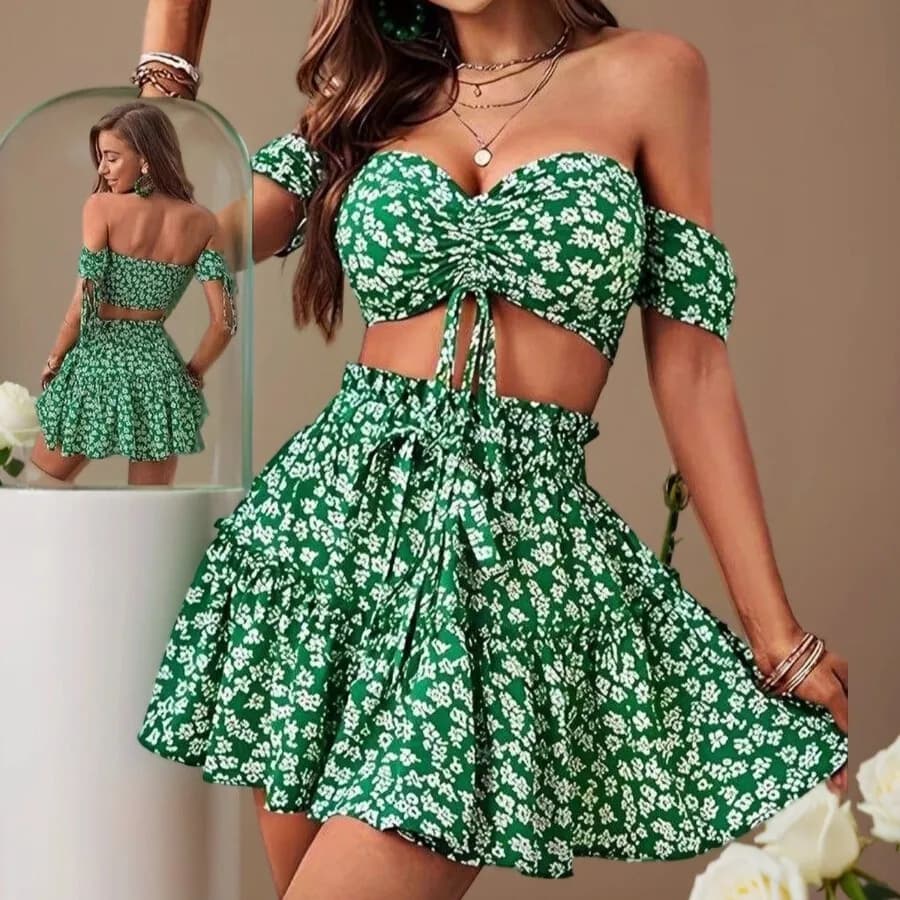 طقم صيفي نسائي بكتف مكشوف وتنورة قصيرة مزهرة Women’s Summer Floral Off-Shoulder Set (Crop Top & Skirt) — 2