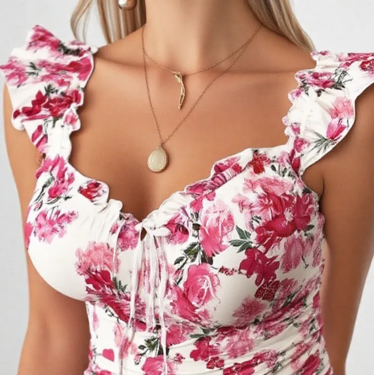 فستان نسائي قصير مزهر بكشكش Floral Print Mini Dress With Ruffle Sleeves — 2