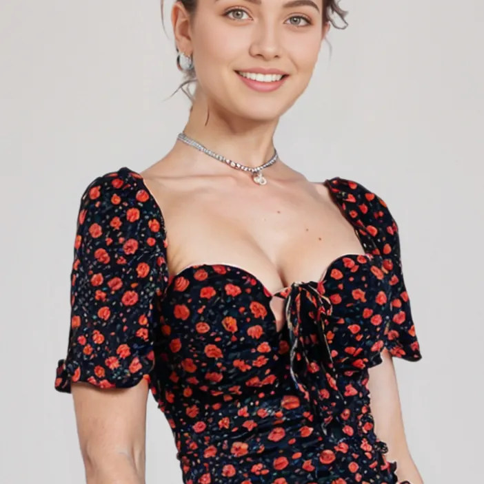 فستان قصير نسائي أسود مزهر بالورود الحمراء Women’s Black Mini Dress with Red Floral Print – Code 092 — 4