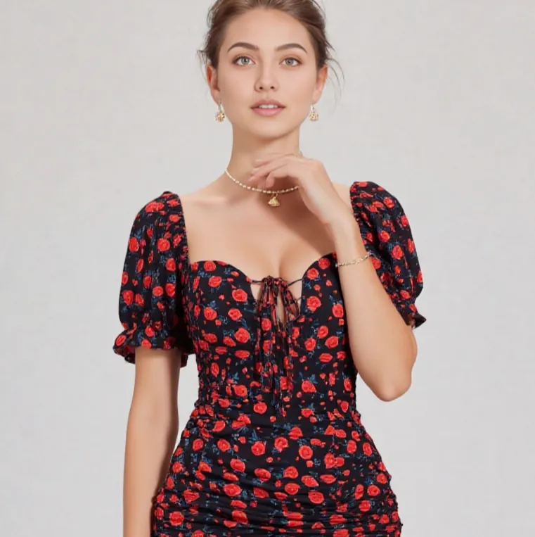 فستان قصير نسائي أسود مزهر بالورود الحمراء Women’s Black Mini Dress with Red Floral Print – Code 092 — 2