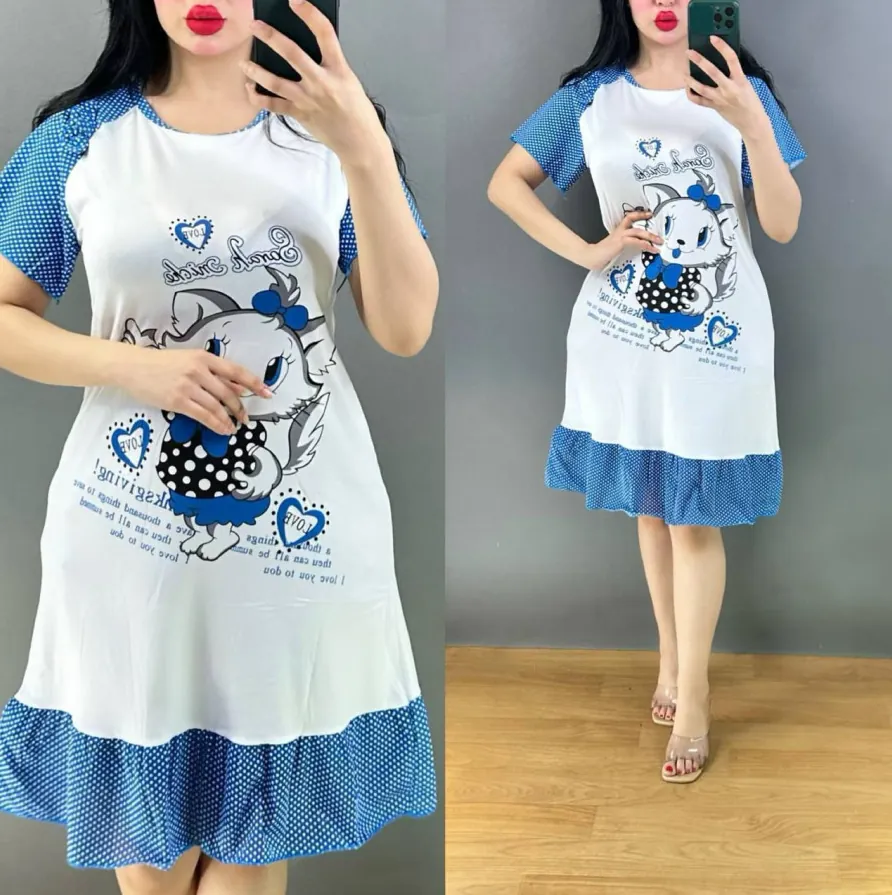 فستان نوم نسائي قطن – موديل قطة كرتون Women’s Cotton Nightdress – Cartoon Cat Design — 7