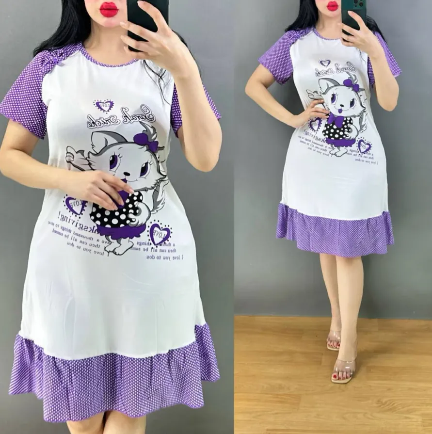 فستان نوم نسائي قطن – موديل قطة كرتون Women’s Cotton Nightdress – Cartoon Cat Design — 5