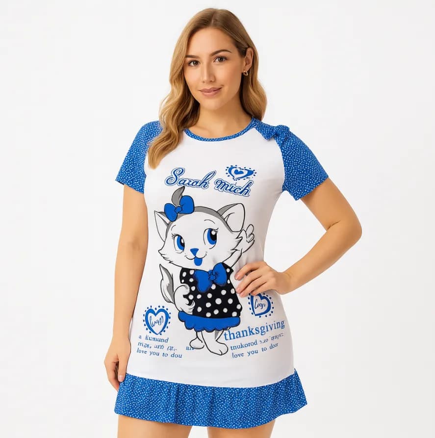 فستان نوم نسائي قطن – موديل قطة كرتون Women’s Cotton Nightdress – Cartoon Cat Design — 8