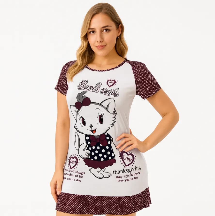 فستان نوم نسائي قطن – موديل قطة كرتون Women’s Cotton Nightdress – Cartoon Cat Design — 11