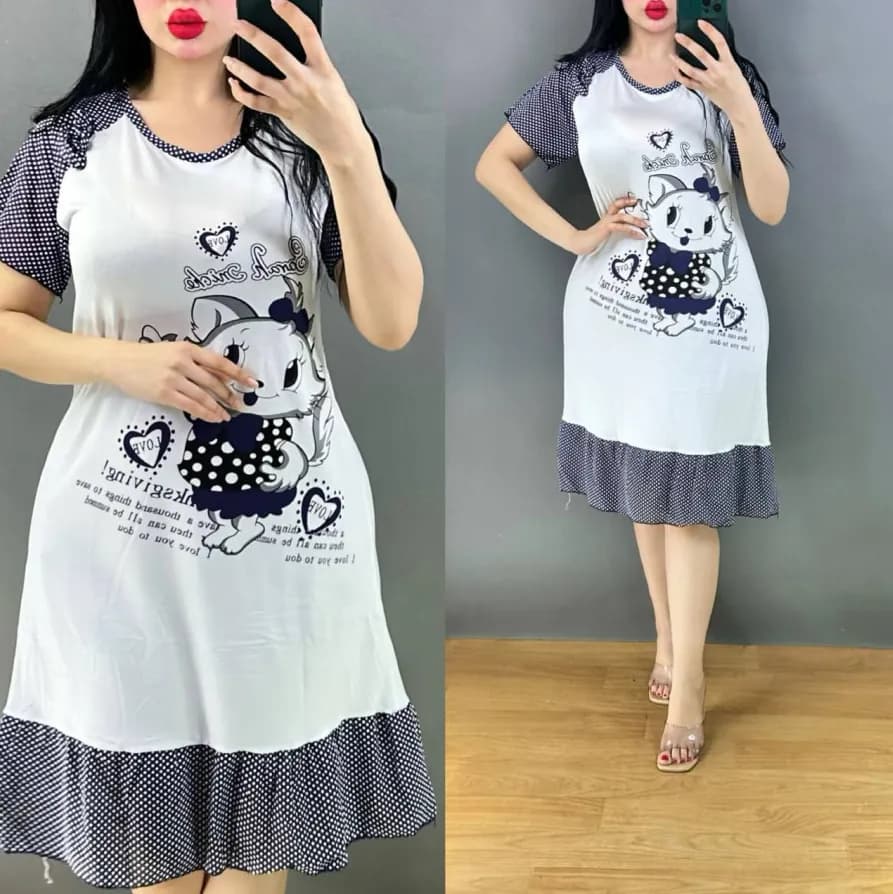 فستان نوم نسائي قطن – موديل قطة كرتون Women’s Cotton Nightdress – Cartoon Cat Design — 9