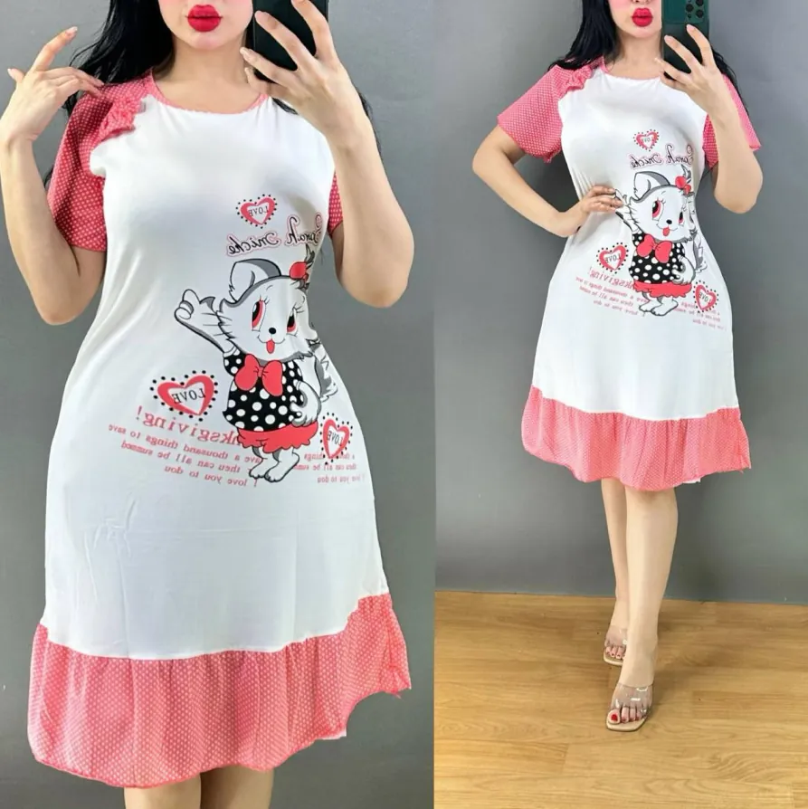 فستان نوم نسائي قطن – موديل قطة كرتون Women’s Cotton Nightdress – Cartoon Cat Design — 3