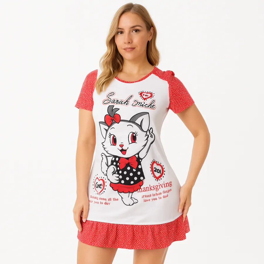 فستان نوم نسائي قطن – موديل قطة كرتون Women’s Cotton Nightdress – Cartoon Cat Design — 4