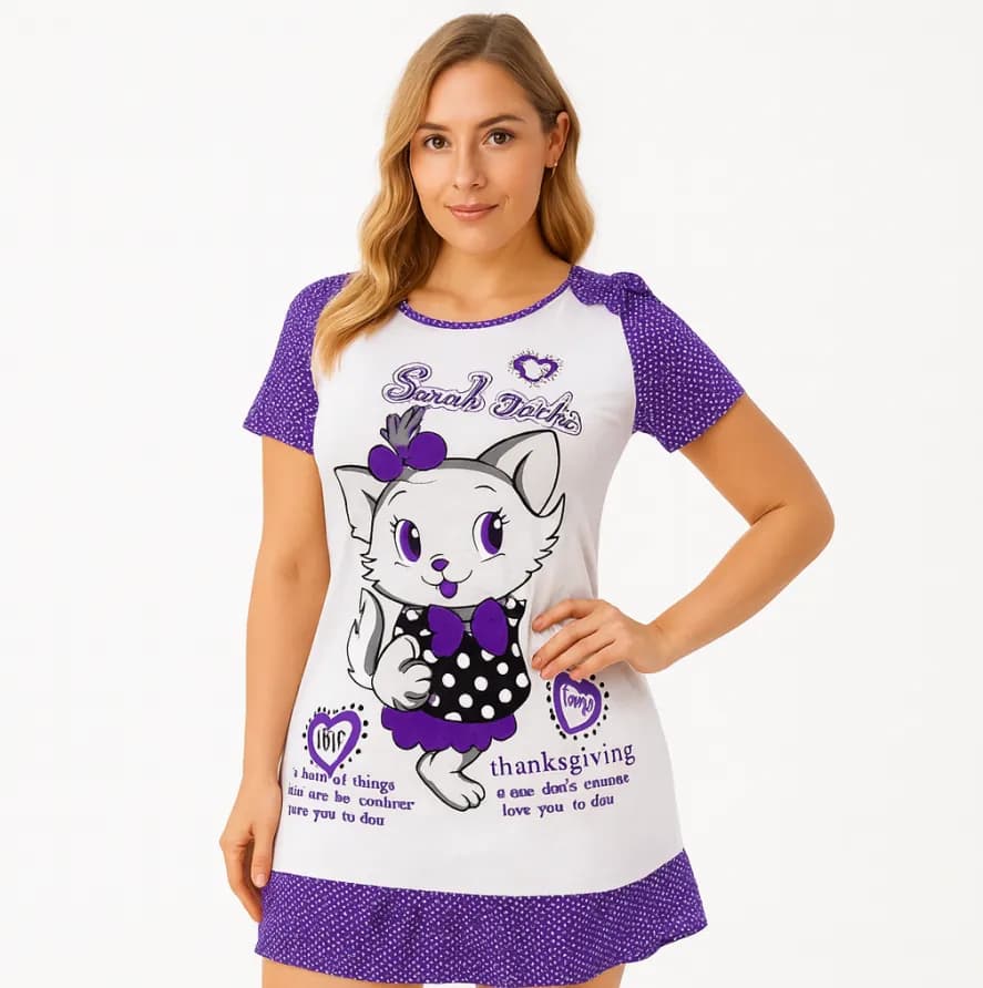 فستان نوم نسائي قطن – موديل قطة كرتون Women’s Cotton Nightdress – Cartoon Cat Design — 6