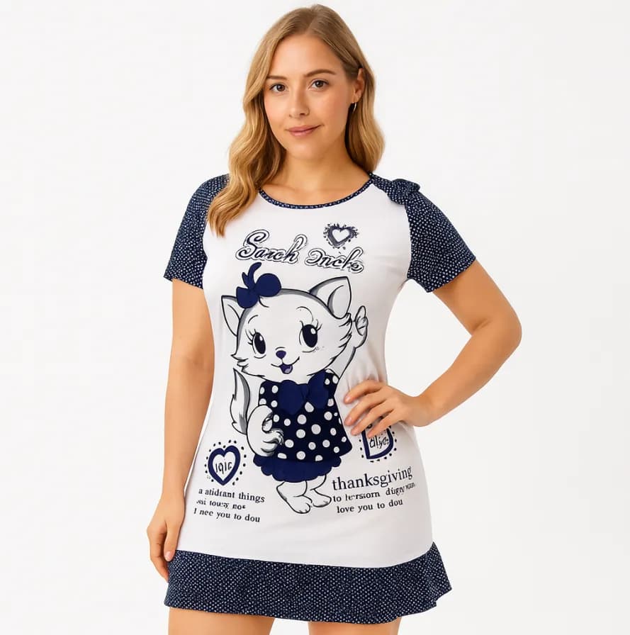 فستان نوم نسائي قطن – موديل قطة كرتون Women’s Cotton Nightdress – Cartoon Cat Design — 10