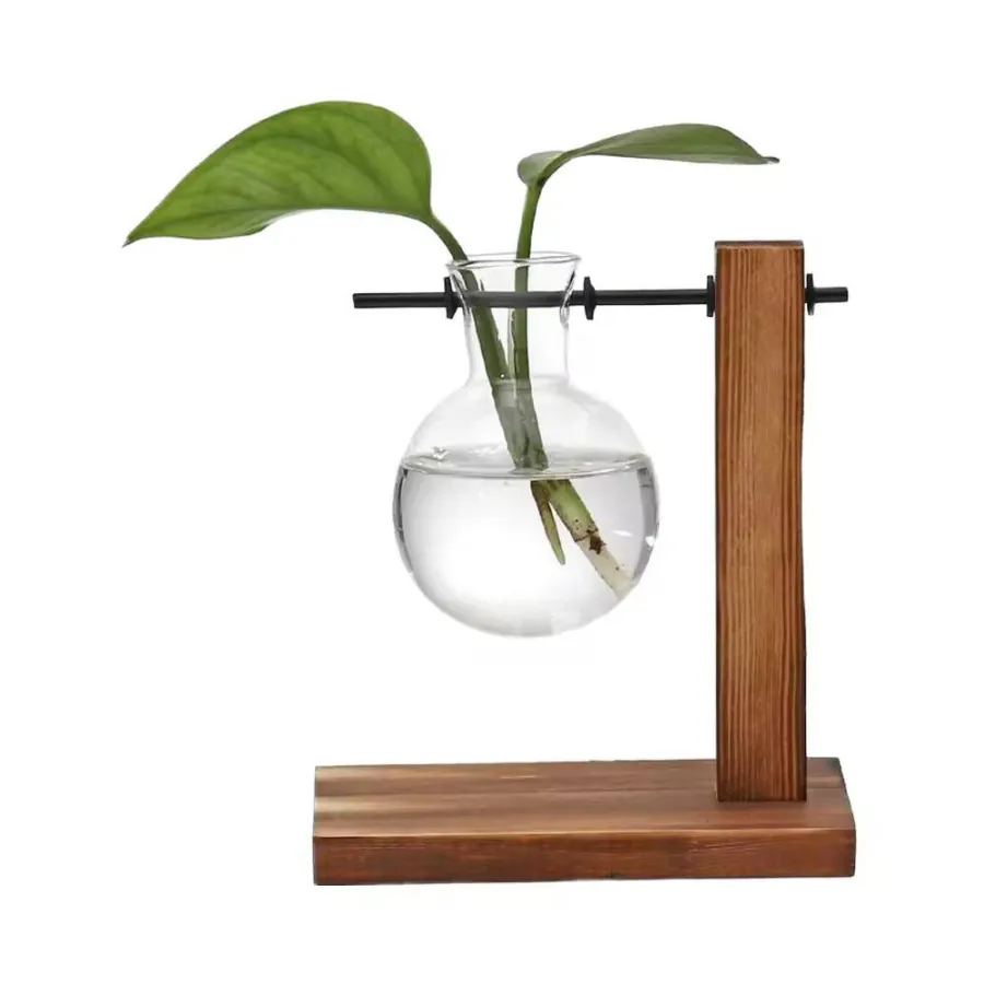 مزهرية زجاجية معلقة بقاعدة خشبية Glass Hanging Vase with Wooden Stand — 2