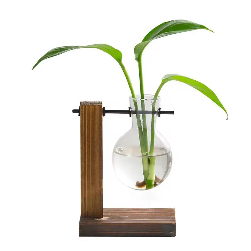 مزهرية زجاجية معلقة بقاعدة خشبية Glass Hanging Vase with Wooden Stand — 3