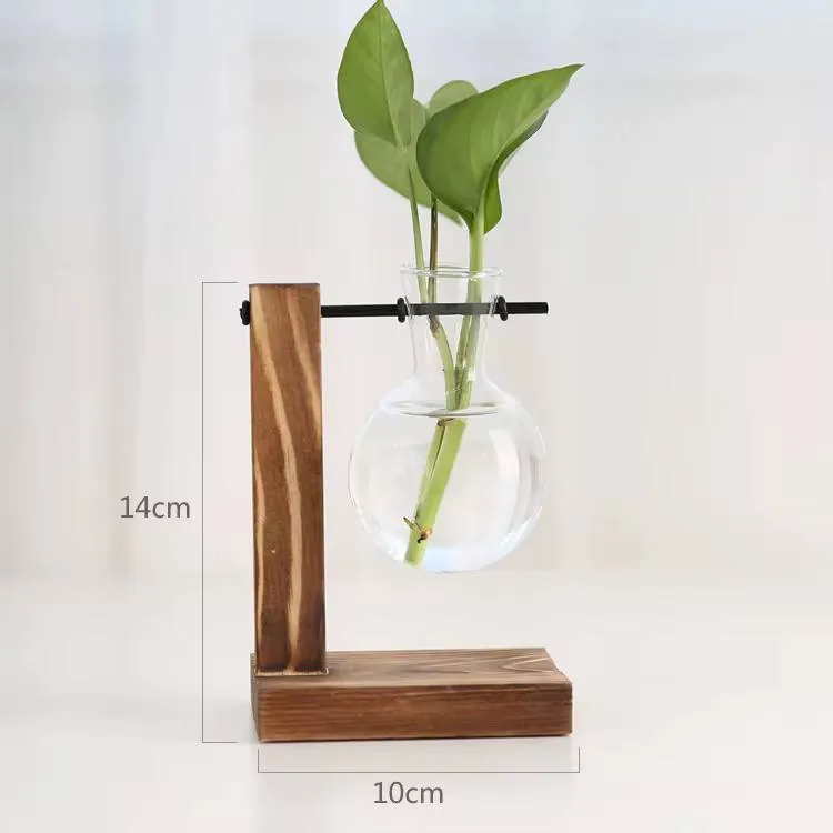 مزهرية زجاجية معلقة بقاعدة خشبية Glass Hanging Vase with Wooden Stand — 4