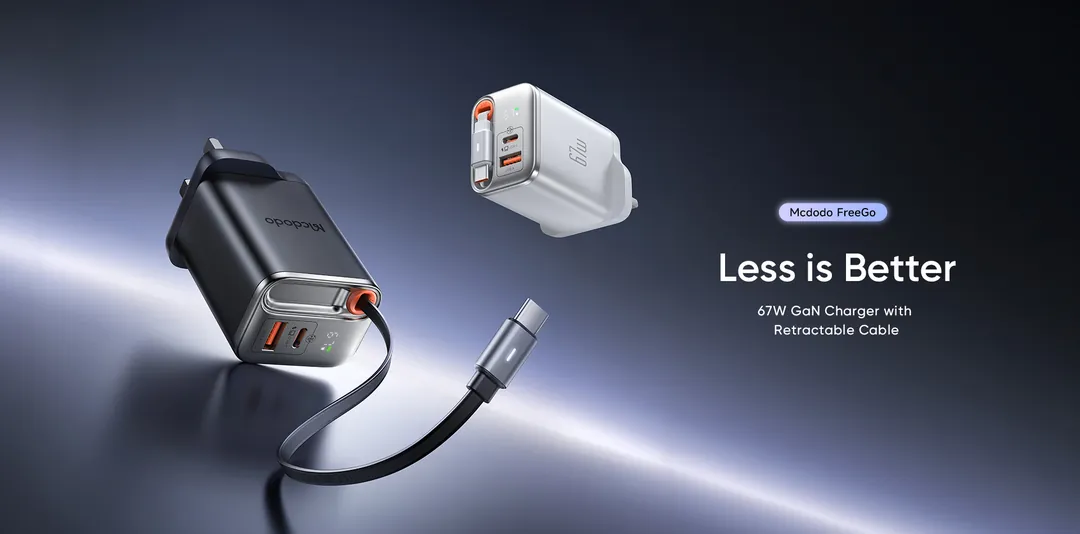 شاحن مكدودو GaN رقمي 67 وات بمنفذين (Type-C + USB-A) مع كابل USB-C قابل للسحب 65 سم - قابس UK
