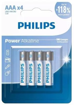 بطاريات فيليبس قلوية Power Alkaline مقاس AAA - عبوة 4 بطاريات (LR03P4B/40)