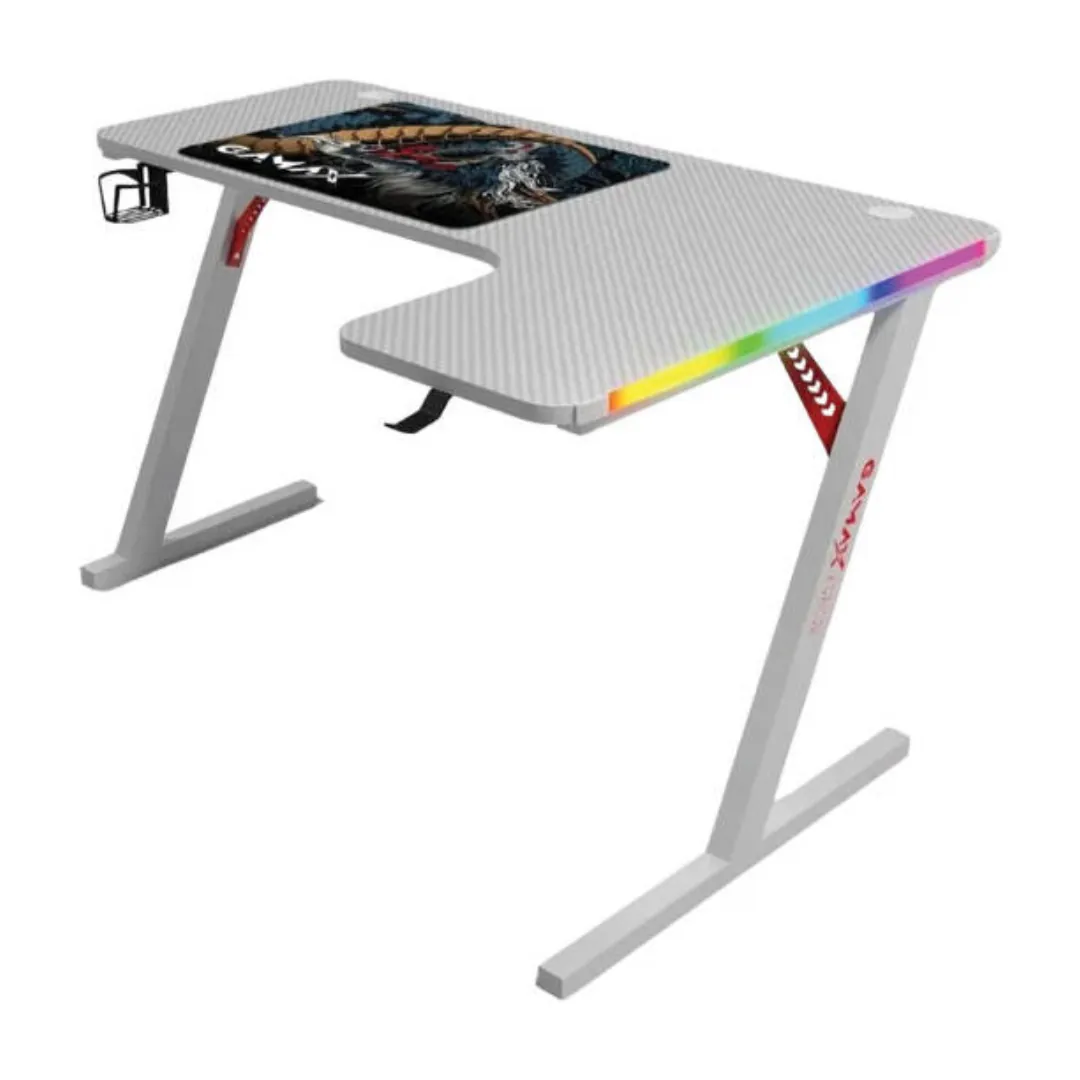 Gamax P201-RW RGB Carbon Fiber L-Shaped Gaming Desk 140×100×74cm – Right – White