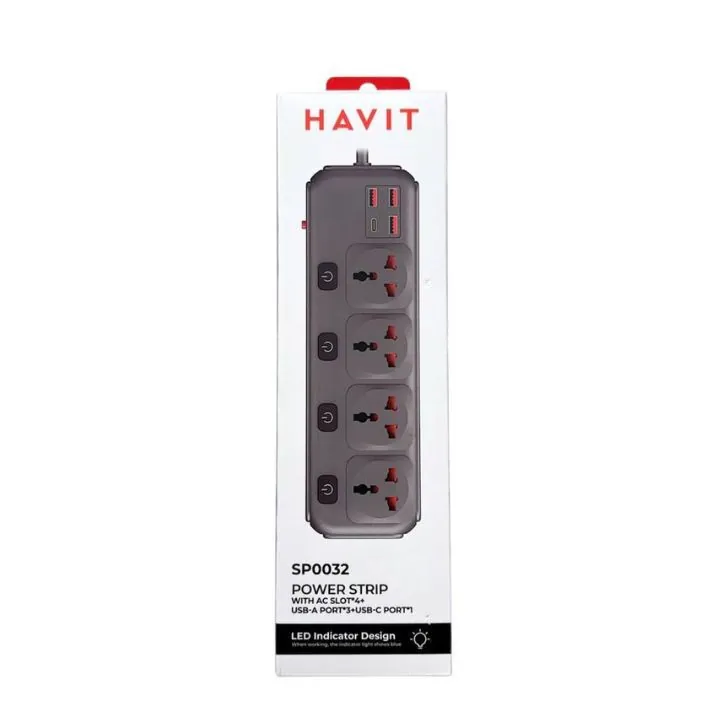 فيش كهرباء هافيت SP0032 مع مداخل USB وType-C Havit Power Strip SP0032 – 4 AC Slots + 3 USB-A + 1 USB-C (EU Plug)