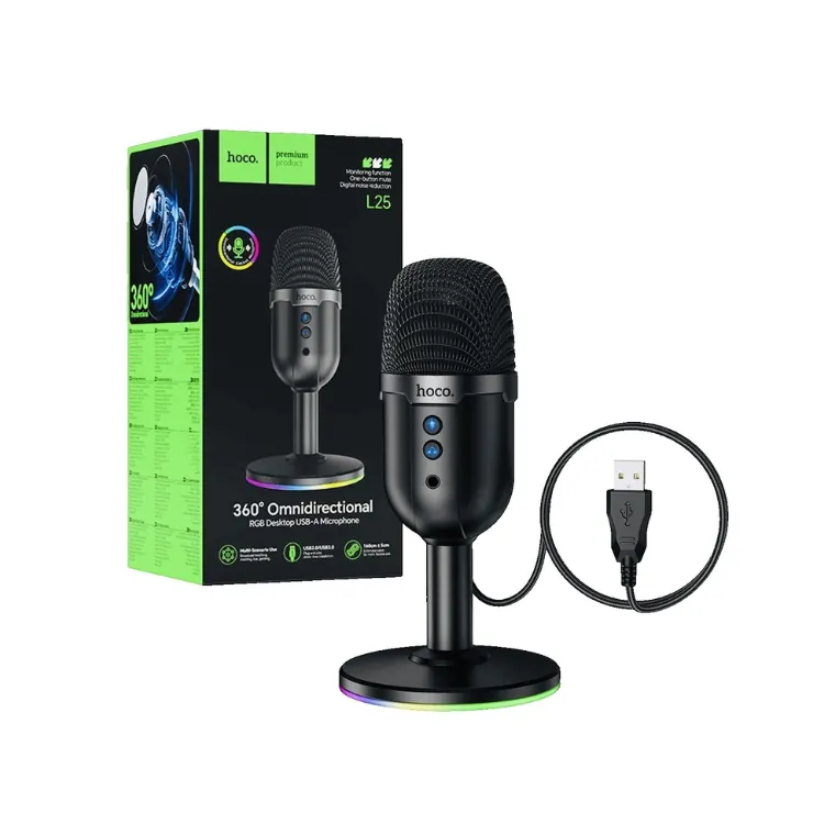 مايكروفون مكتبي احترافي هوكو L25 ثلاثي الأبعاد 360 درجة مع إضاءة RGB وتوصيل USB (hoco. L25)   hoco. L25 360° Omnidirectional RGB Desktop USB-A Microphone