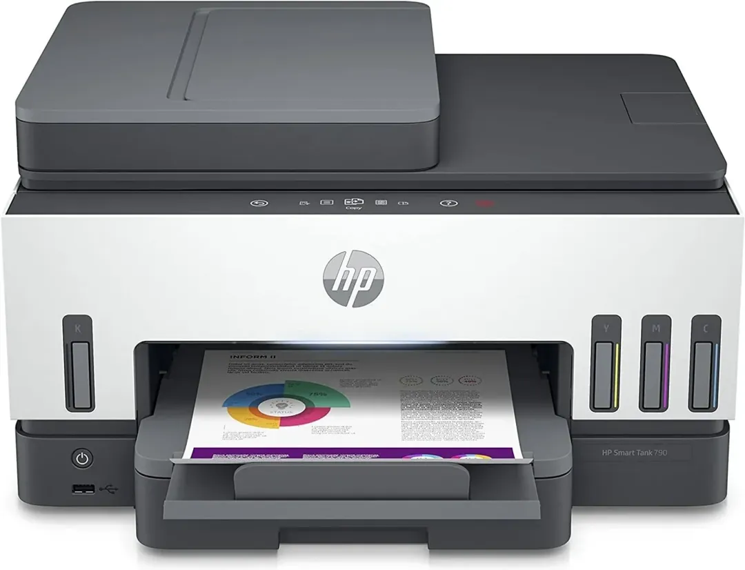 HP Smart Tank 790 All In One Printer, Auto Duplex Printing, W ADF & Magic Touch Panel, 23ppm Print Speed, USB WiFi Bluetooth LANMobile Printing, 100 Sheets Output Capacity, White-Gray (Color)