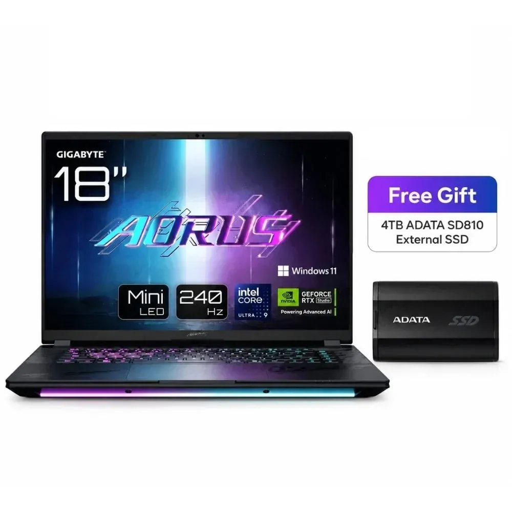 GIGABYTE AORUS MASTER 18 BYH 18” QHD 240Hz – Intel Core Ultra 9 275HX , NVIDIA RTX 5080 16GB , 32GB RAM , 2TB SSD, Windows 11 Pro (Free 4TB ADATA SD810 SSD)