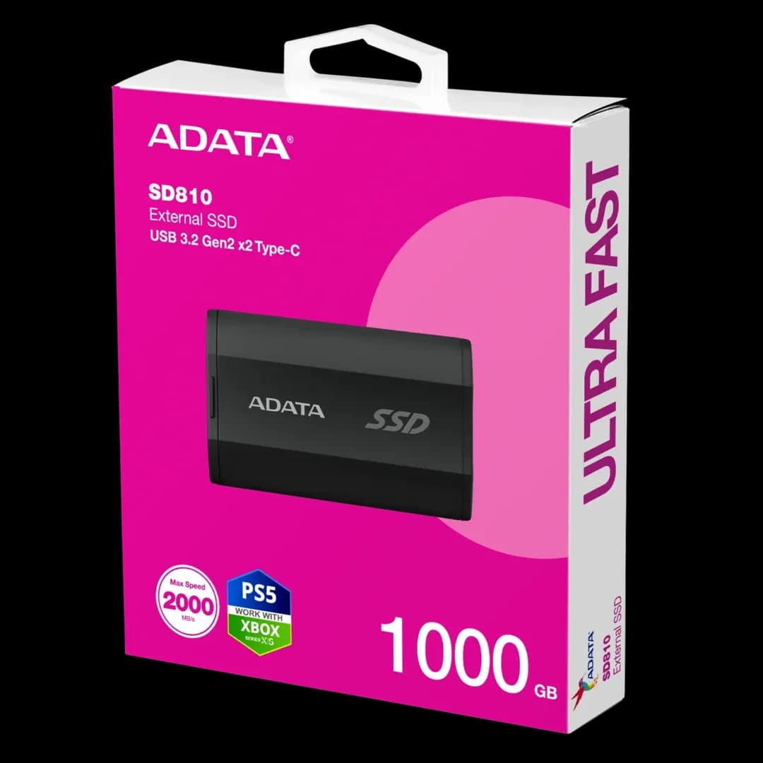 ADATA SD810 External SSD USB 3.2 Gen2x2 IP68 Waterproof Dustproof Drop Resistant 2000MB/s Read Write – 1TB – Black