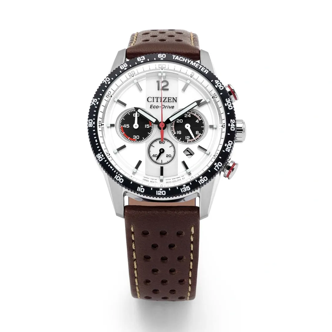ساعة سيتيزن Eco-Drive كرونوغراف CA4714-04A بميناء أبيض وسوار جلد بني