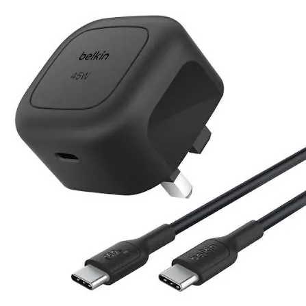 شاحن حائط بيلكين BoostCharge المدمج USB-C بقوة 45 واط مع كابل USB-C إلى USB-C بطول 1 متر (أسود)