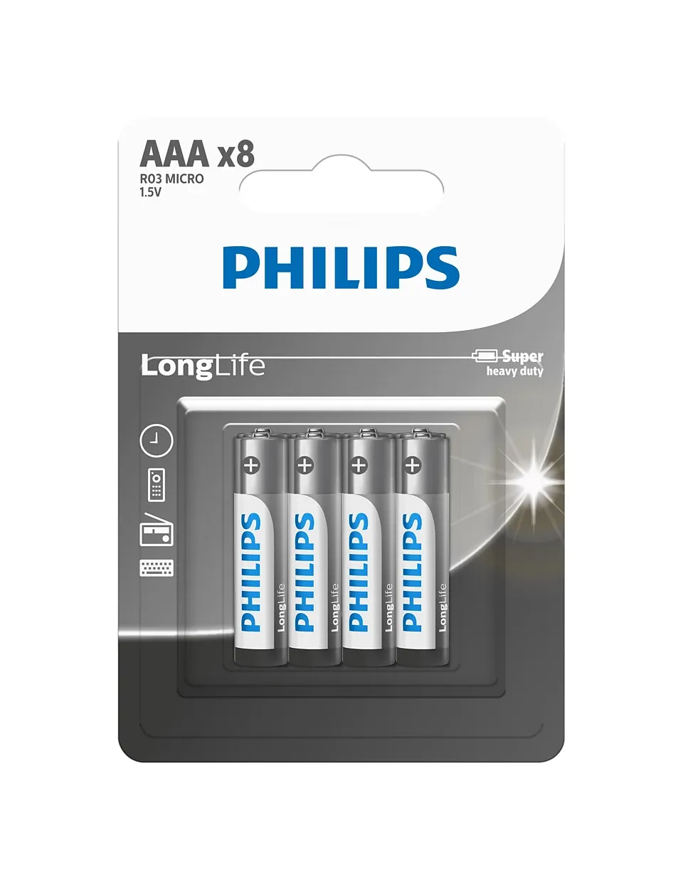 بطاريات فيليبس اسطوانية AAA كلوريد الزنك إضافي R03L8BL/40 - عبوة 8 بطاريات