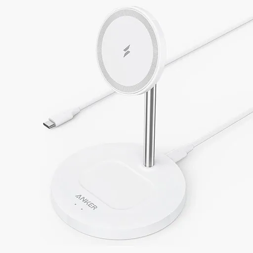 شاحن أنكر PowerWave Magnetic 2 in 1 لاسلكي أبيض