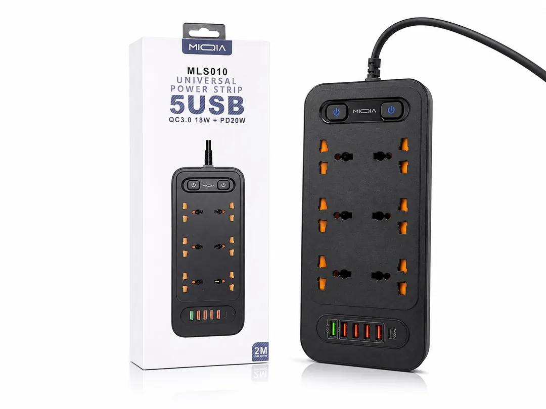 مشترك كهرباء بـ 6 منافذ كهربائية و5 منافذ USB مع شحن سريع PD 20W وسلك 2 متر