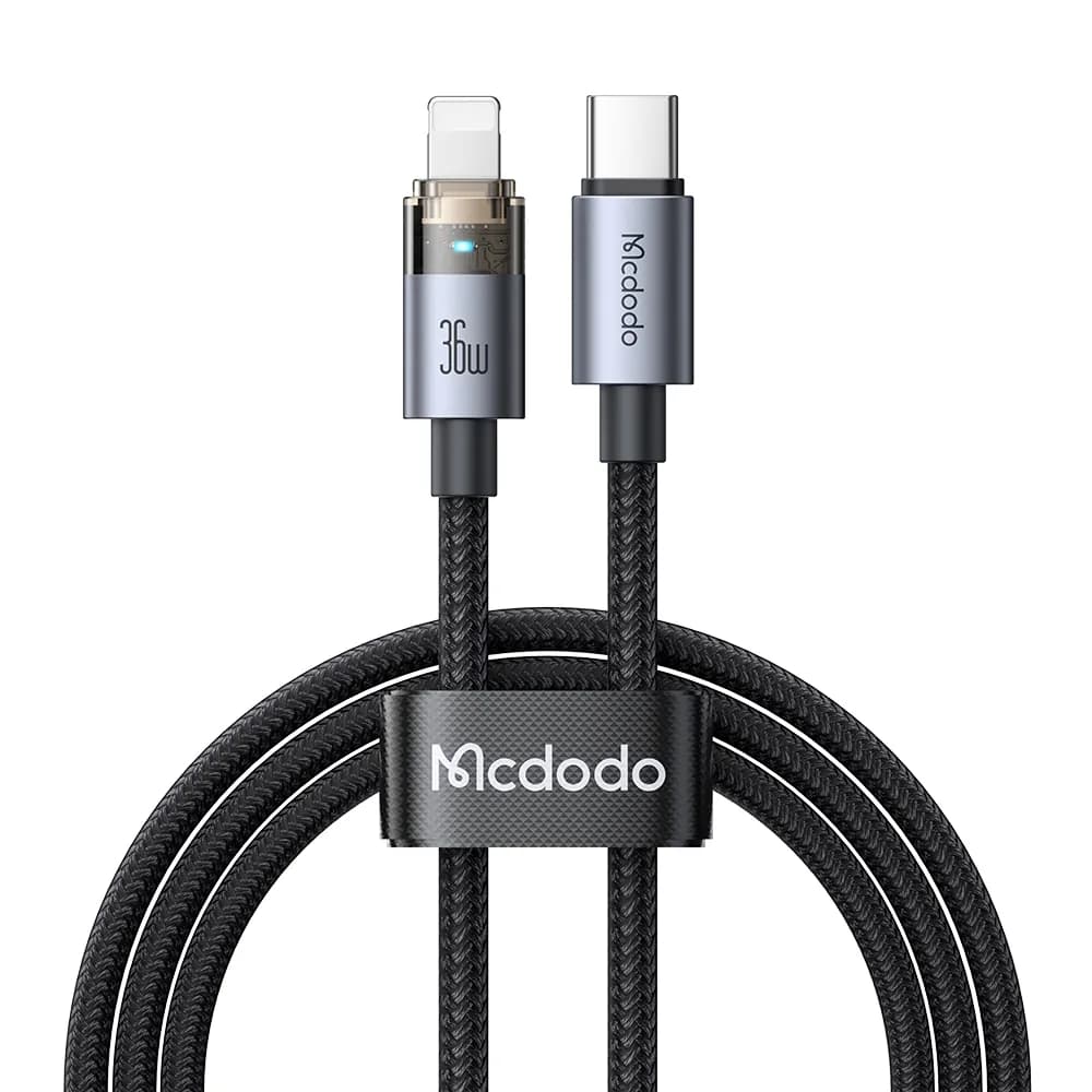 كيبل ماكدودو شفاف USB-C إلى لايتنينج بقدرة 36 واط مع إضاءة شحن 1.2 متر أسود