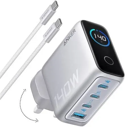شاحن أنكر Zolo بقدرة 140 واط GaN مع كابل USB-C بطول 1.5 متر فضي