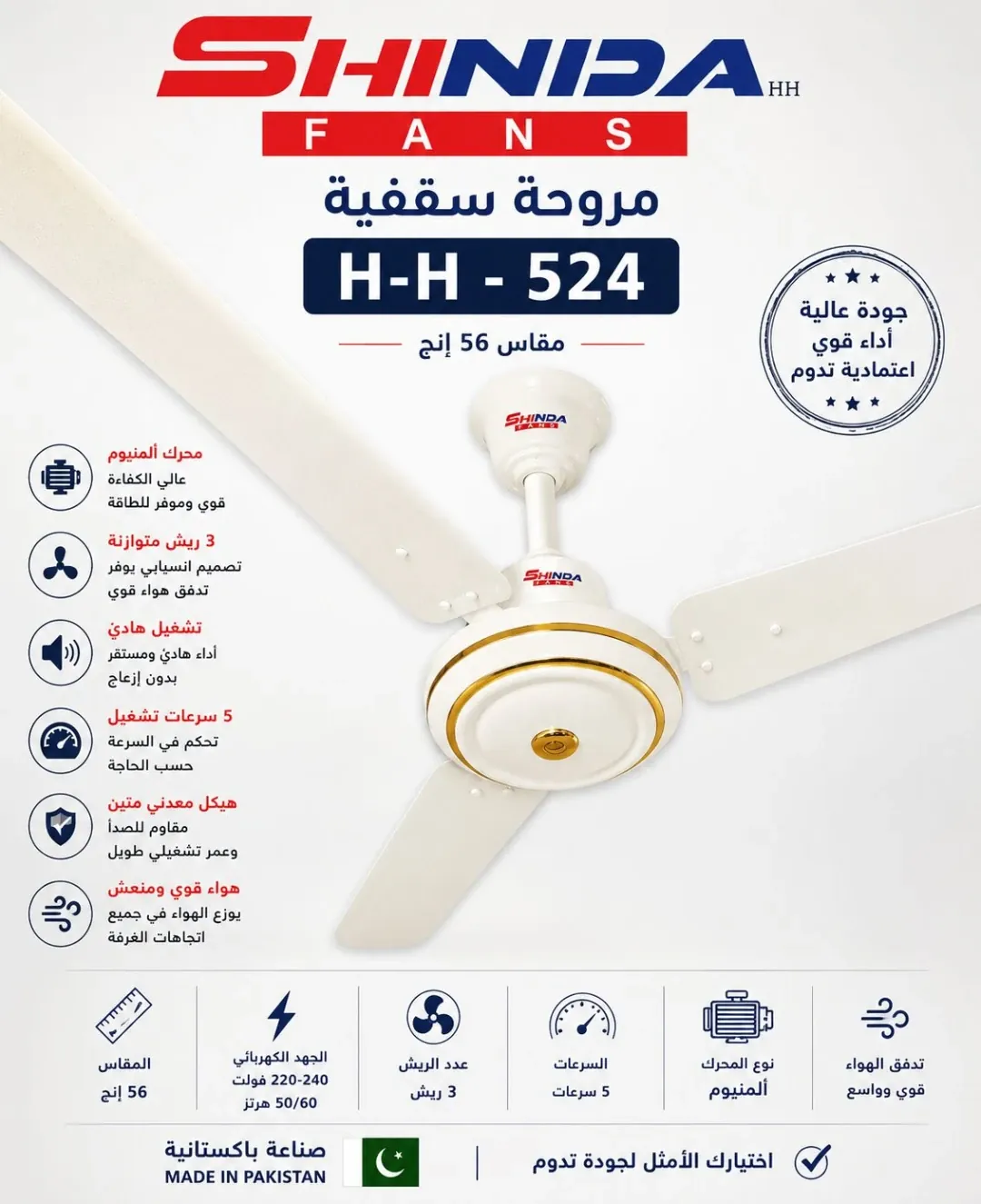 مروحة سقف شيندا 56 إنش 3 ريش باكستاني