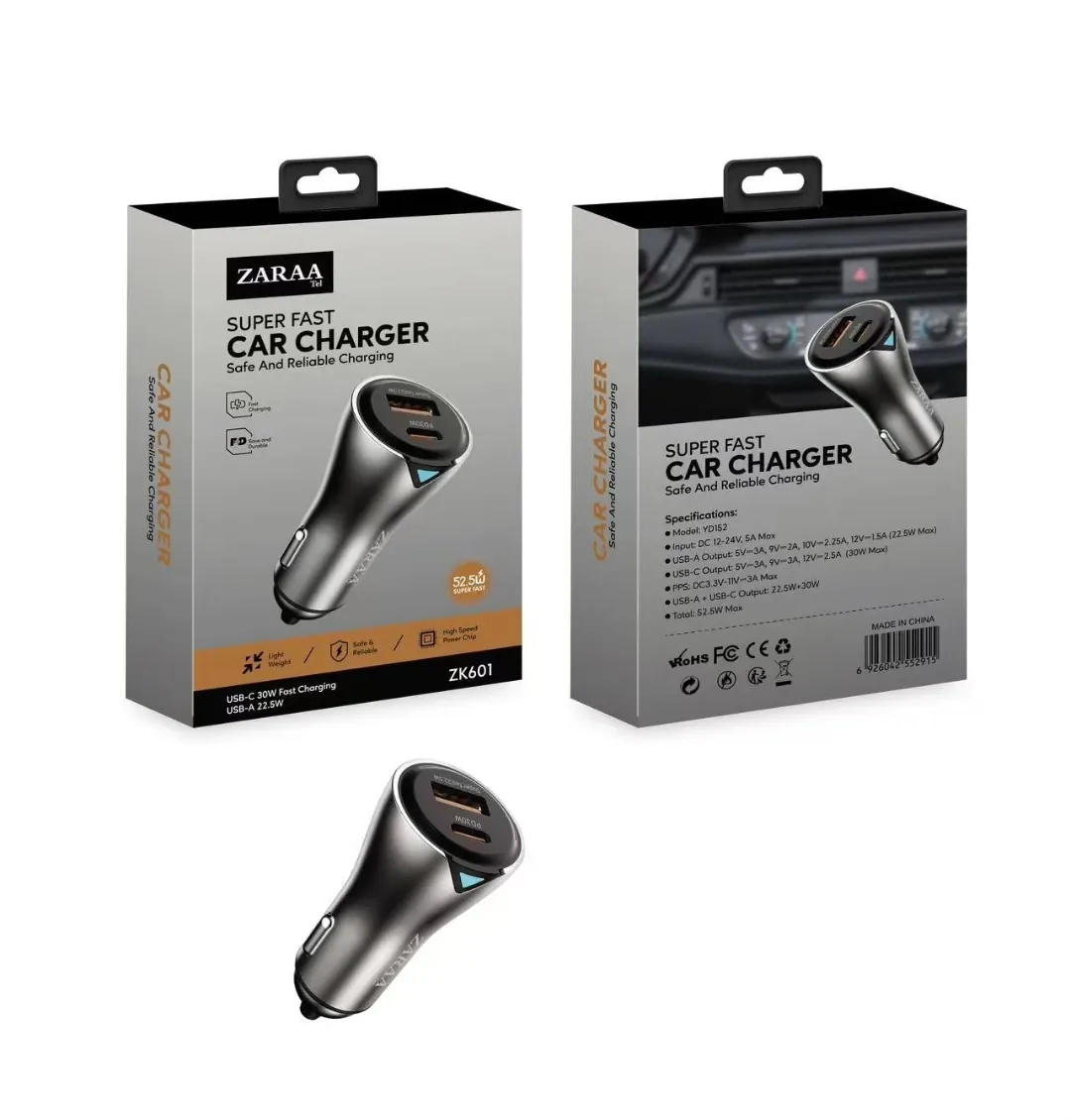 شاحن سيارة سريع PD 30 واط + USB 22.5 واط ZK601