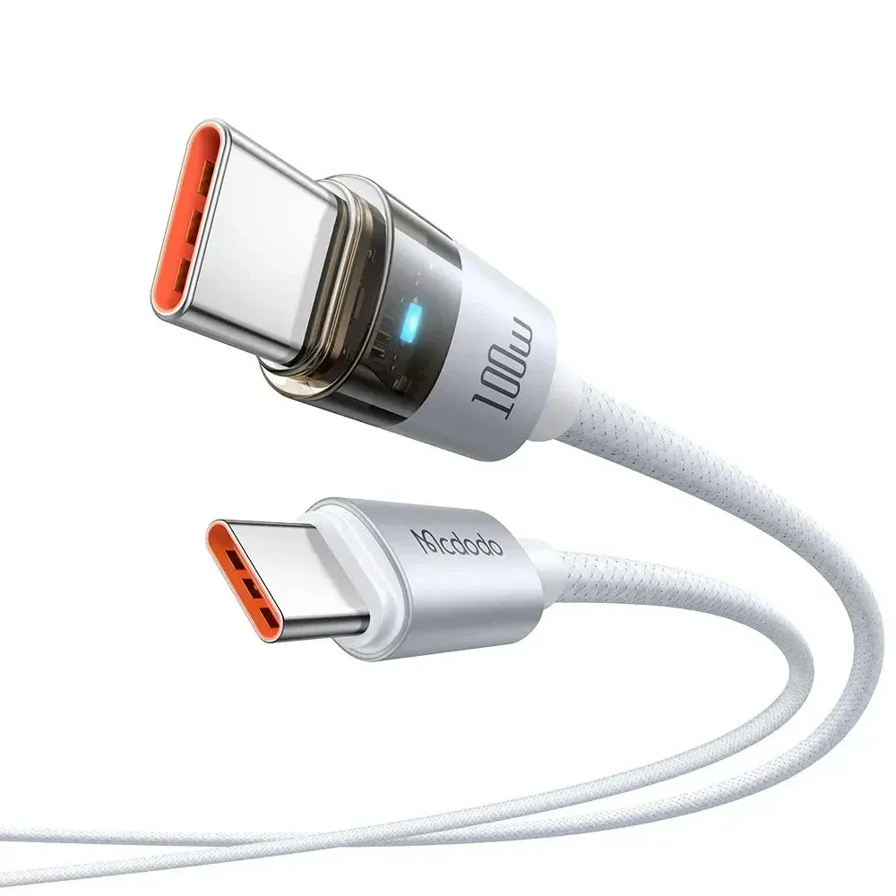 كيبل ماكدودو USB-C إلى USB-C شفاف بقدرة 100 واط مع ضوء شحن 1.2 متر أبيض
