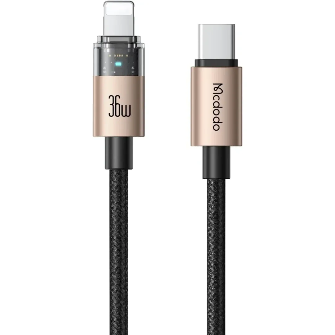 كيبل ماكدودو USB-C إلى لايتنينج شفاف مع مؤشر شحن 36 واط طول 1.2 متر