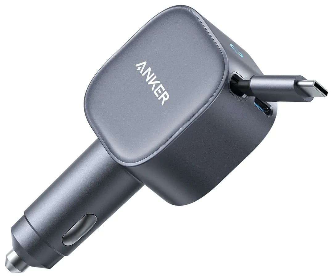 شاحن سيارة أنكر نانو 75 واط منفذ USB-C مع كابل USB-C مدمج رمادي