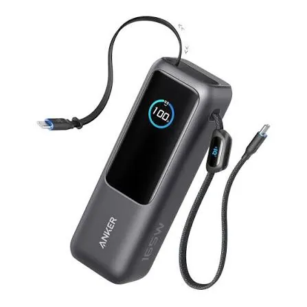 شاحن طوارئ أنكر 25000 مللي أمبير 165 واط مع كابل USB-C مدمج وكابل قابل للسحب - أسود