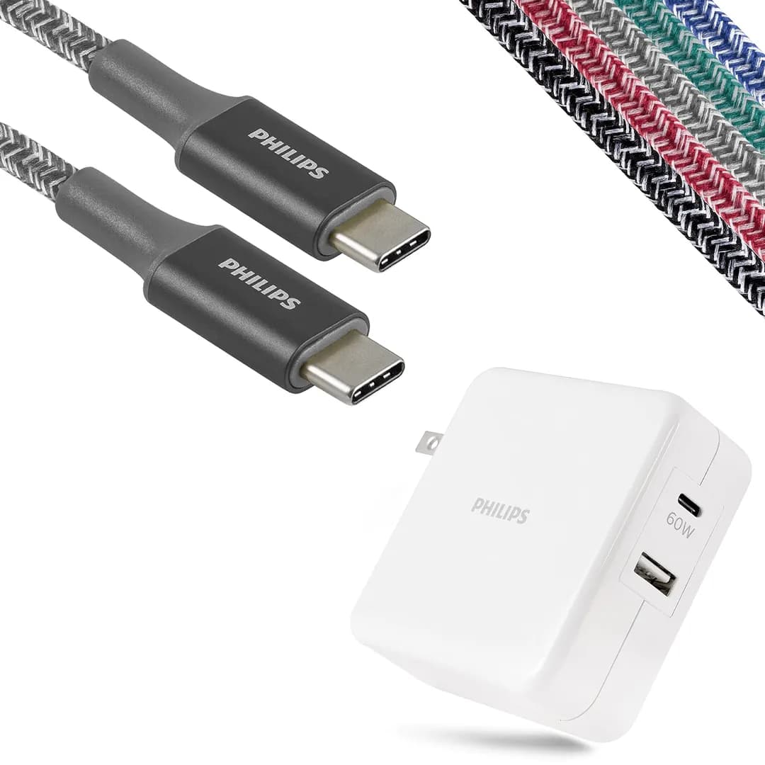 شاحن سيارة فيليبس DLP5521CC/00 بمنفذين USB-C طاقة 60 واط مع كيبل C to C مجدول 1 متر