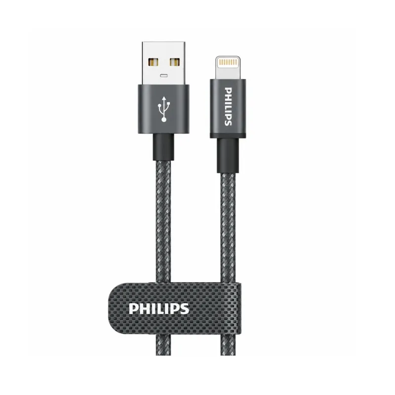 كابل شحن ومزامنة فيليبس USB-A إلى لايتننج، 2 متر، 3 أمبير، أسود مجدول